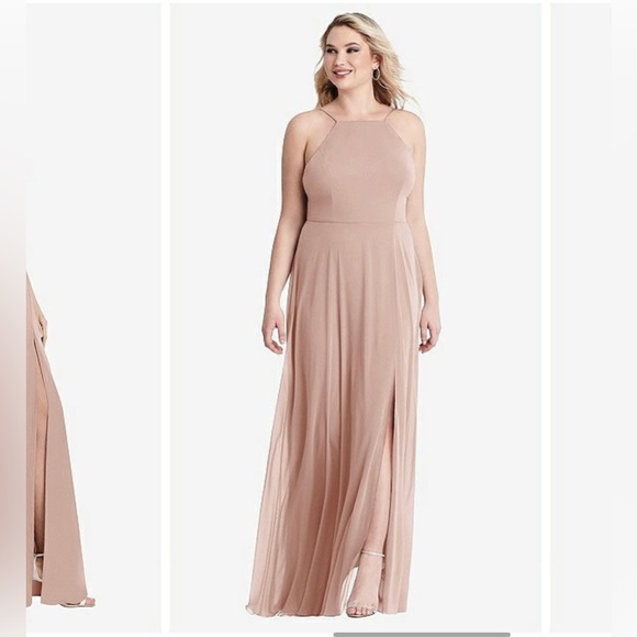 Dessy High Neck Chiffon bridesmaid Dress w/ Front Slit- toasted sugar, size 8 - Picture 11 of 11